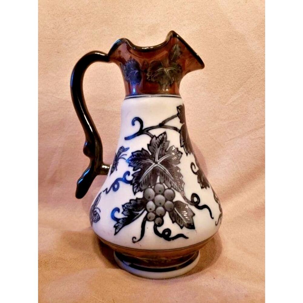 Vintage Pitcher Brown, Blue & White Scalloped Rim - Grapes Vines Butterflies